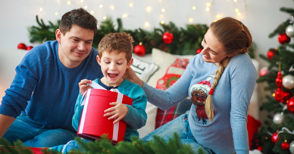 Family with gifts on Christmas morning 