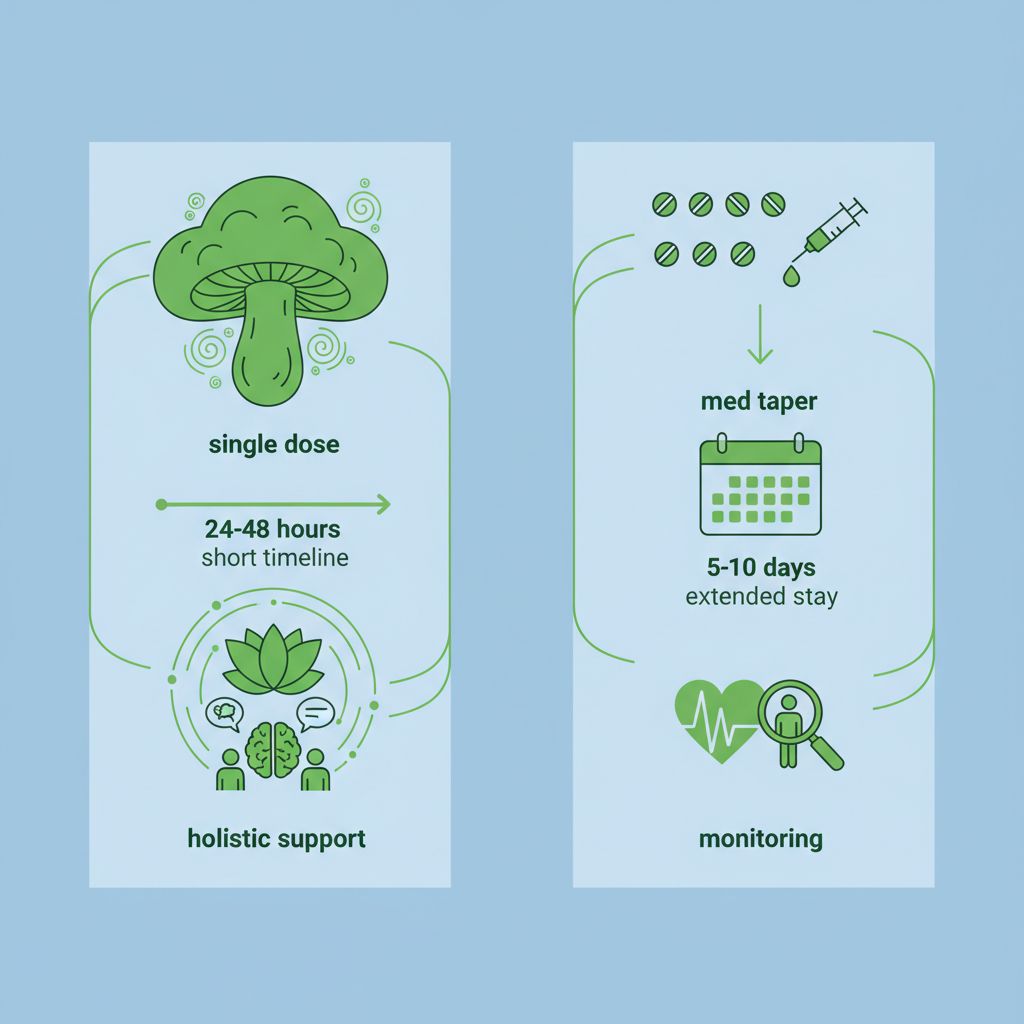 Infographic comparing ibogaine treatment to traditional detox with icons for dose, timeline, support in side-by-side columns