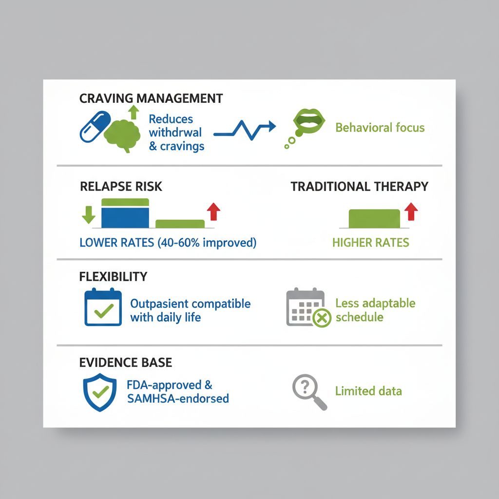Infographic comparing benefits of Medication-Assisted Treatment versus traditional therapy in addiction recovery, featuring four panels on craving management, relapse risk, flexibility, and evidence base.