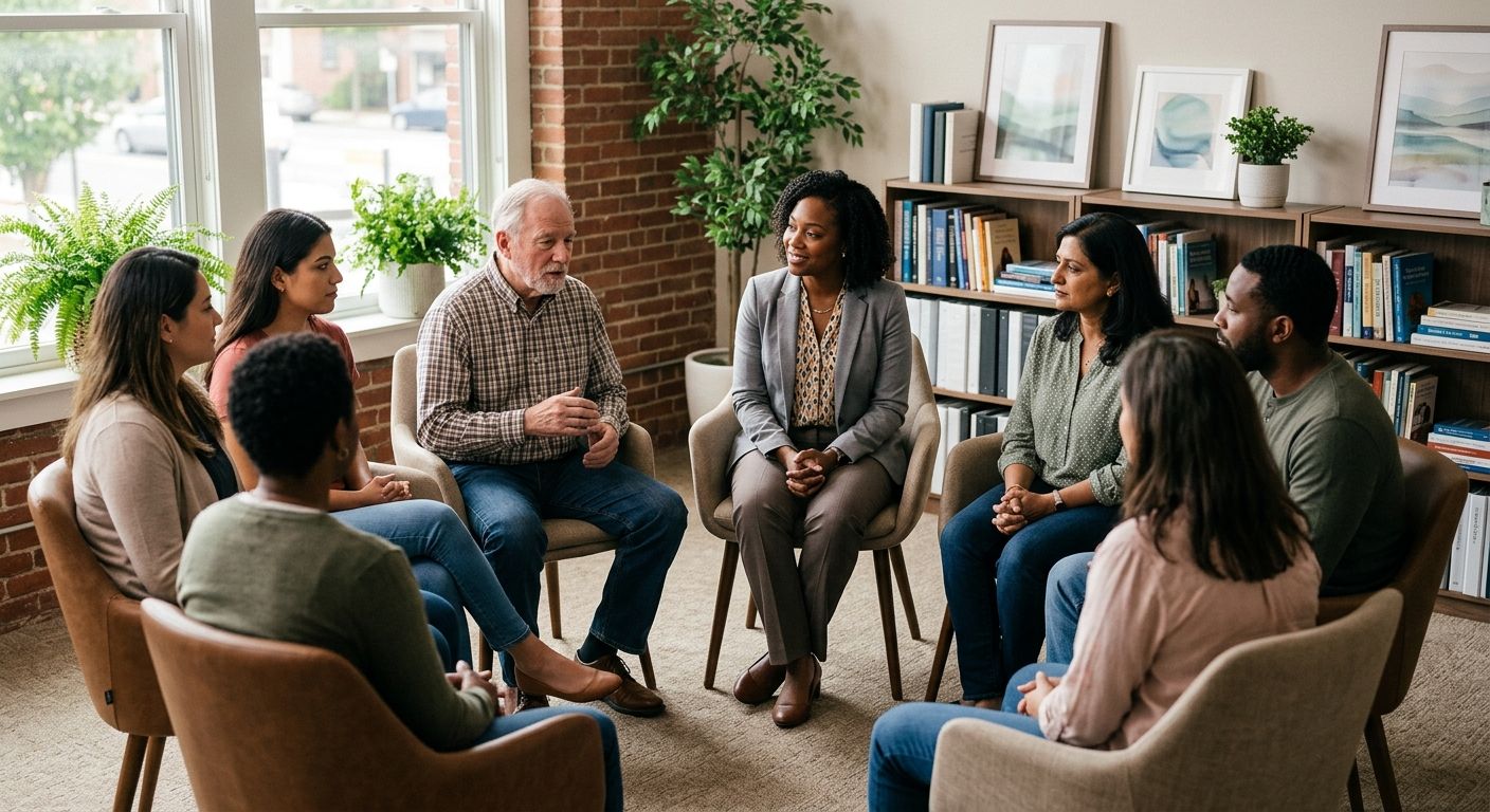 Warm professional photo of counselor leading diverse adult support group in modern Pennsylvania recovery center with natural light and wellness elements