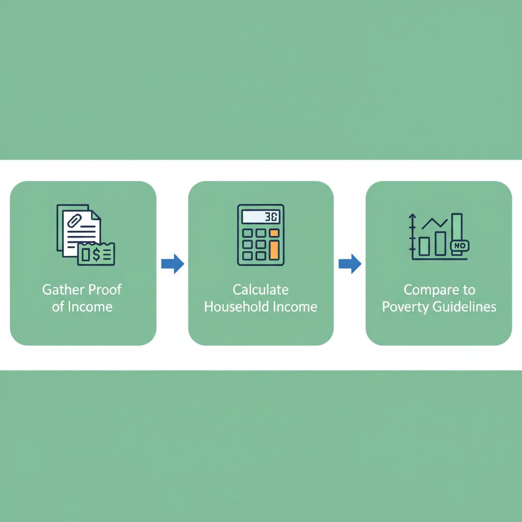 Horizontal process flow diagram illustrating three steps for assessing financial eligibility in addiction treatment programs