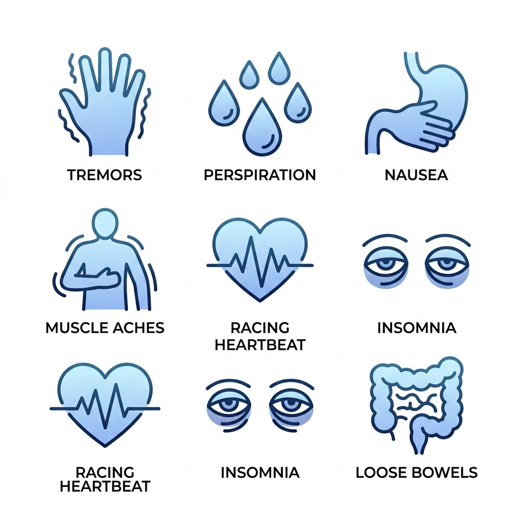 Icon set illustrating seven common physical withdrawal symptoms: tremors, sweating, nausea, muscle aches, rapid heartbeat, insomnia, and loose bowels.
