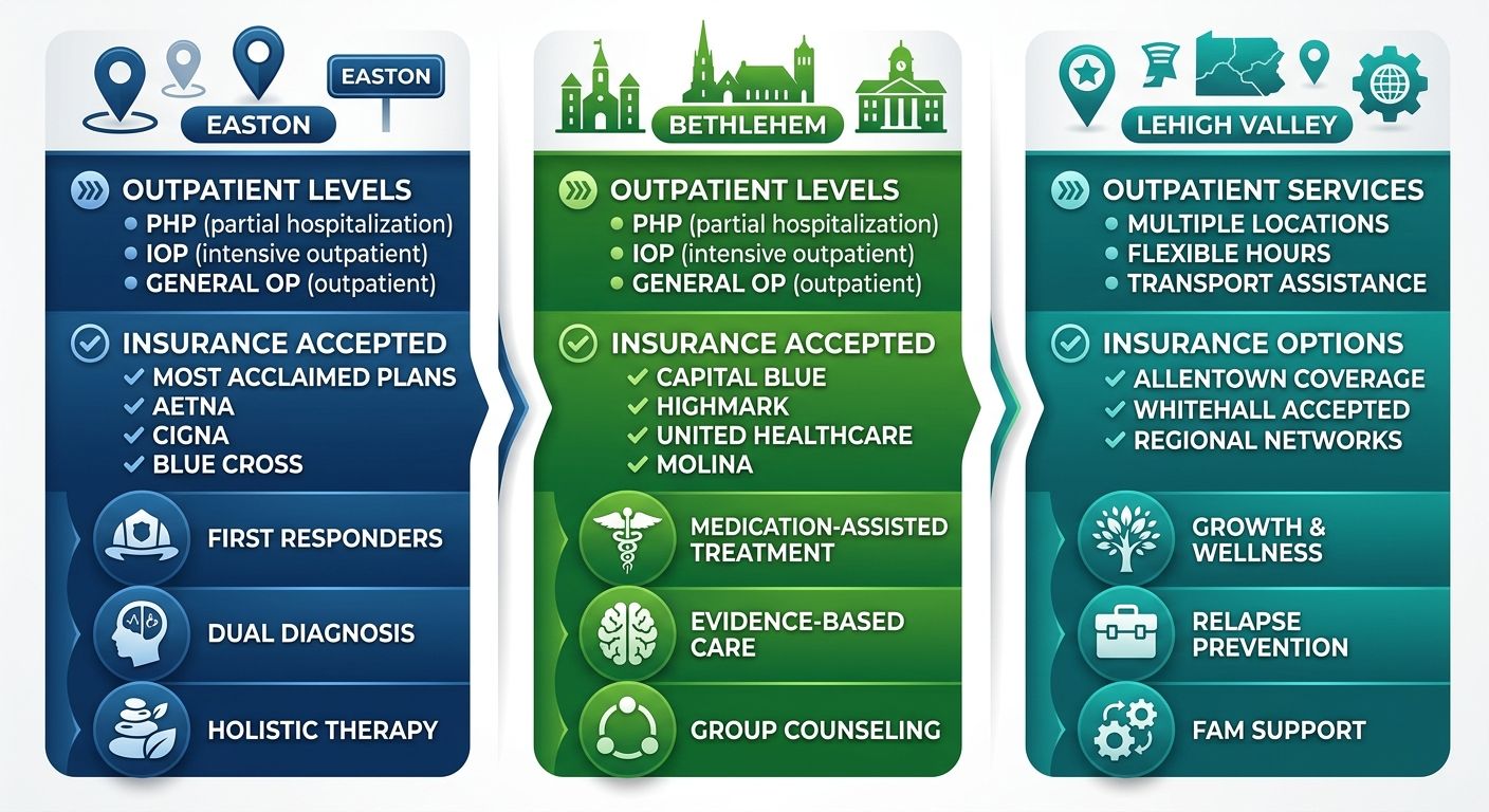 Infographic comparing Recovery Cove addiction treatment services in Easton PA, Bethlehem PA, and broader Lehigh Valley with icons for programs, insurance, and outpatient levels.