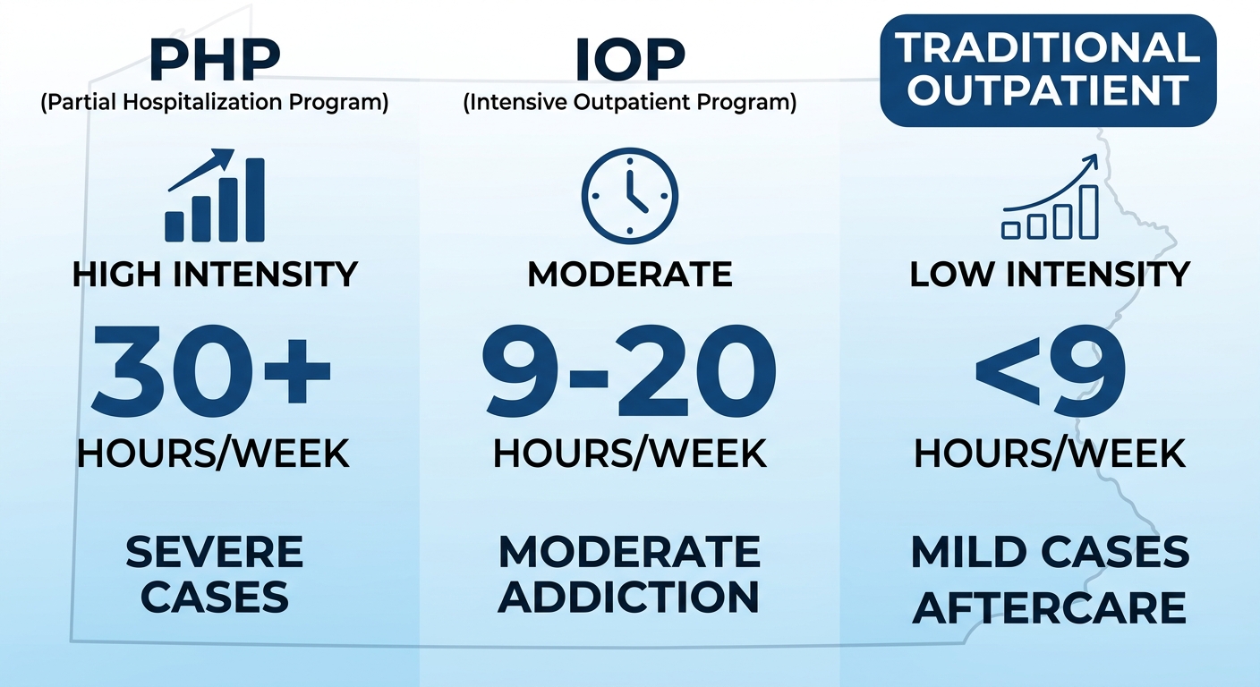 Infographic comparing PHP, IOP, and Traditional Outpatient programs for alcohol recovery with hours and suitability icons.