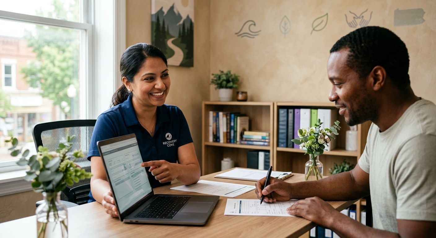 Compassionate staff member helping diverse client with insurance verification in modern Recovery Cove outpatient office