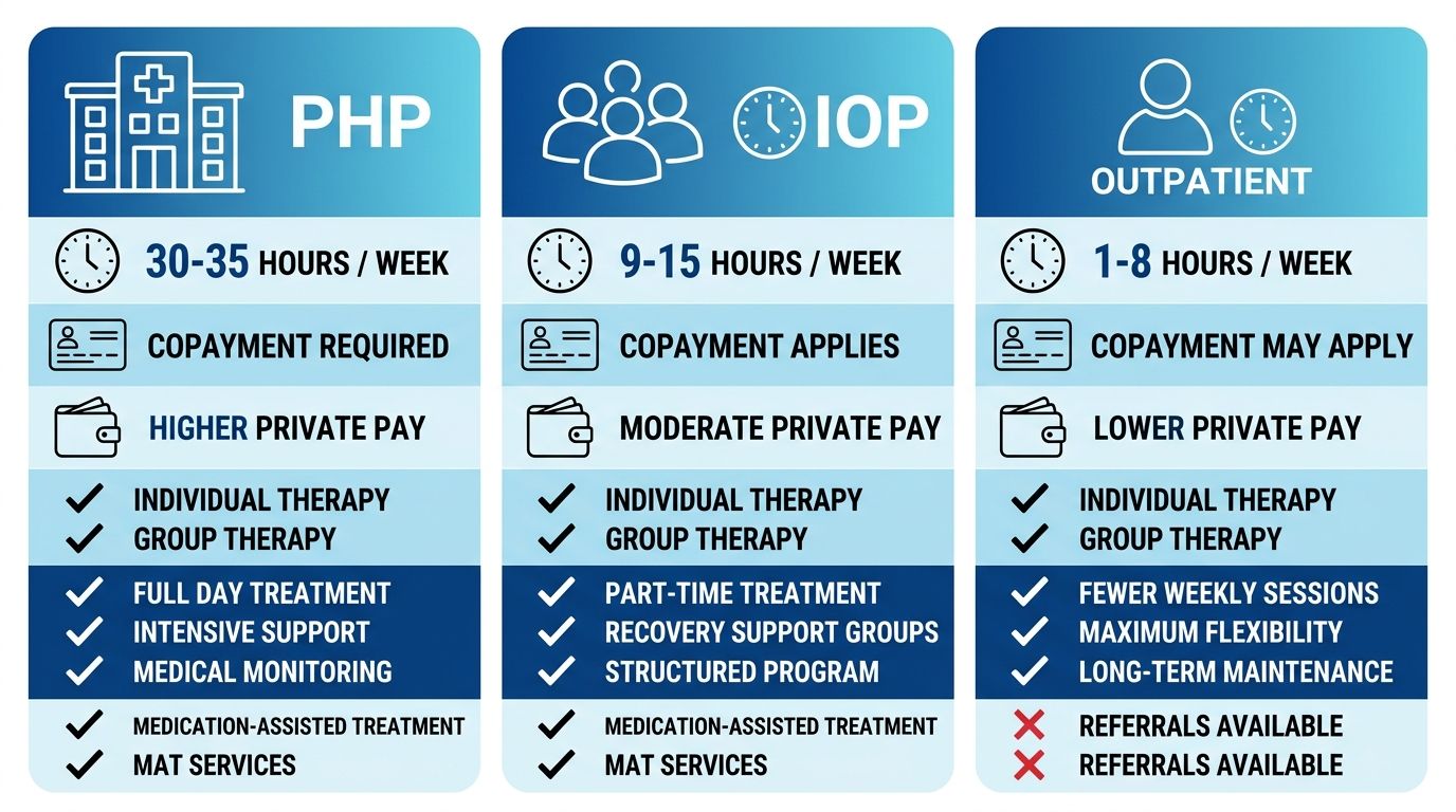 Infographic comparing Recovery Cove PHP, IOP, and Outpatient care levels with icons for hours, insurance copays, and self-pay options
