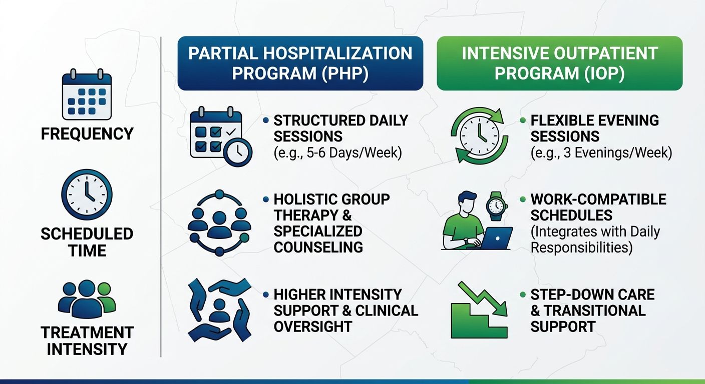 Infographic comparing Partial Hospitalization Program (PHP) and Intensive Outpatient Program (IOP) with icons for time, structure, and support in addiction recovery.