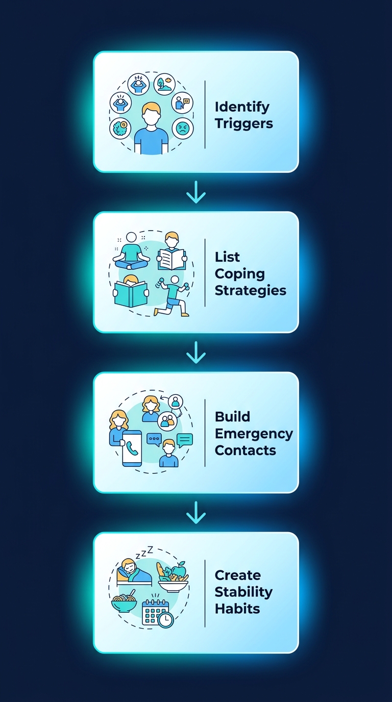 Relapse prevention plan process flow with four steps from identifying triggers to creating stability habits.