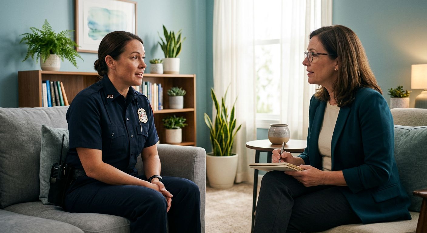 First responder firefighter in uniform speaking with a licensed therapist in a warm, sunlit counseling room decorated in soft blues and greens, conveying trust and hope.