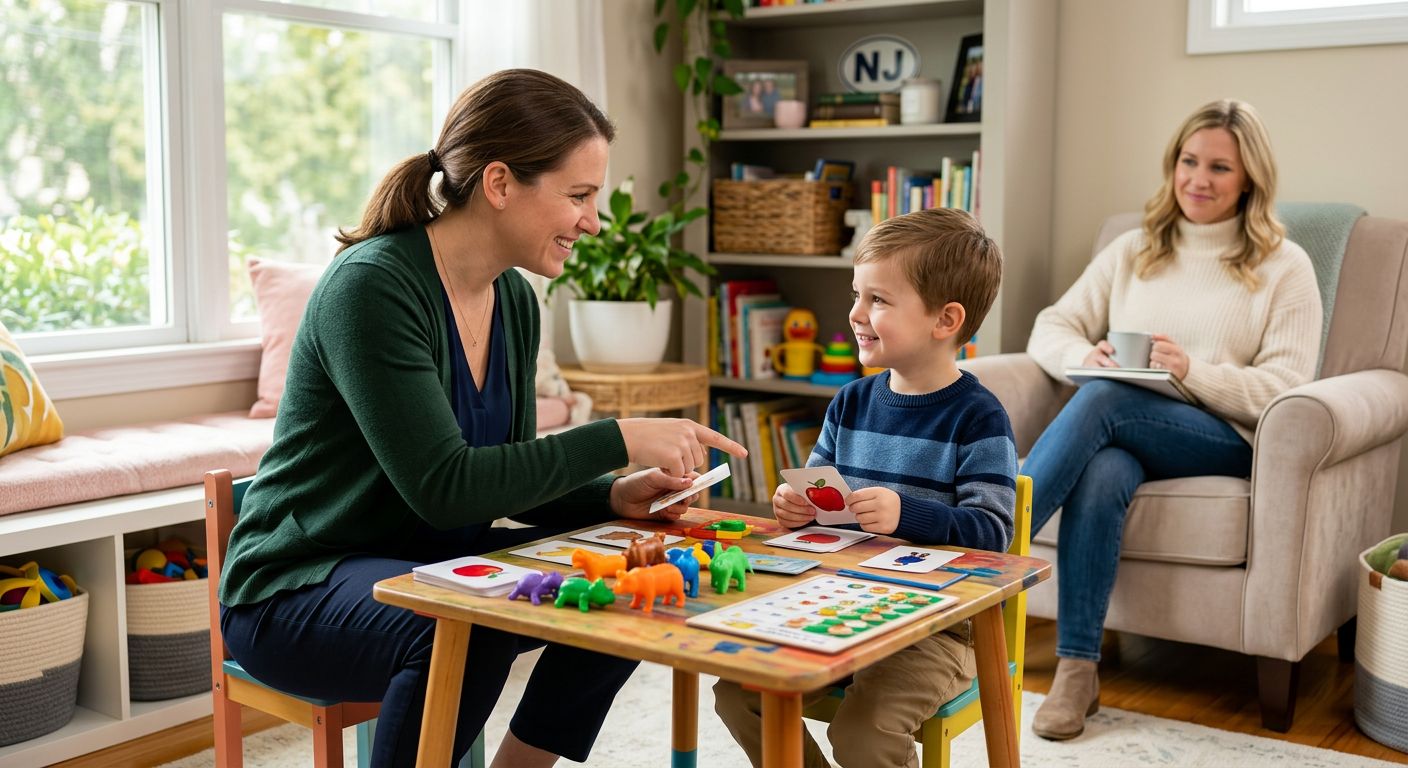 A professional therapist working with a young child in a bright, home-based setting using ABA therapy techniques with colorful learning materials and natural light.