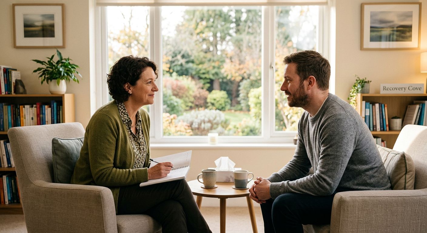 A therapy session in a sun-lit room at Recovery Cove addiction treatment center, with a therapist and client in supportive conversation, emphasizing trust and holistic healing.