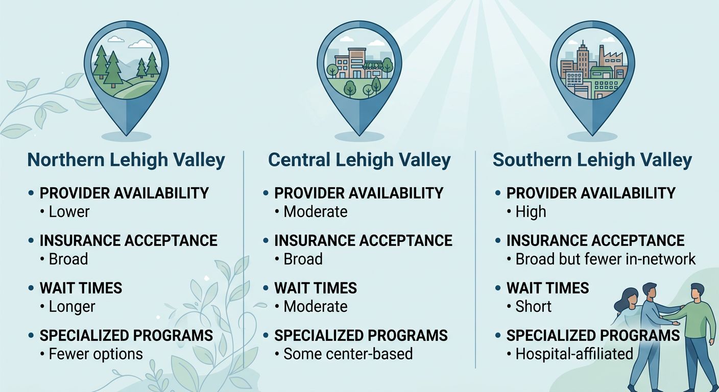 A professional infographic comparing treatment access across three regions of the Lehigh Valley, showing provider availability, insurance acceptance, wait times, and specialized programs with a calming blue and green palette.