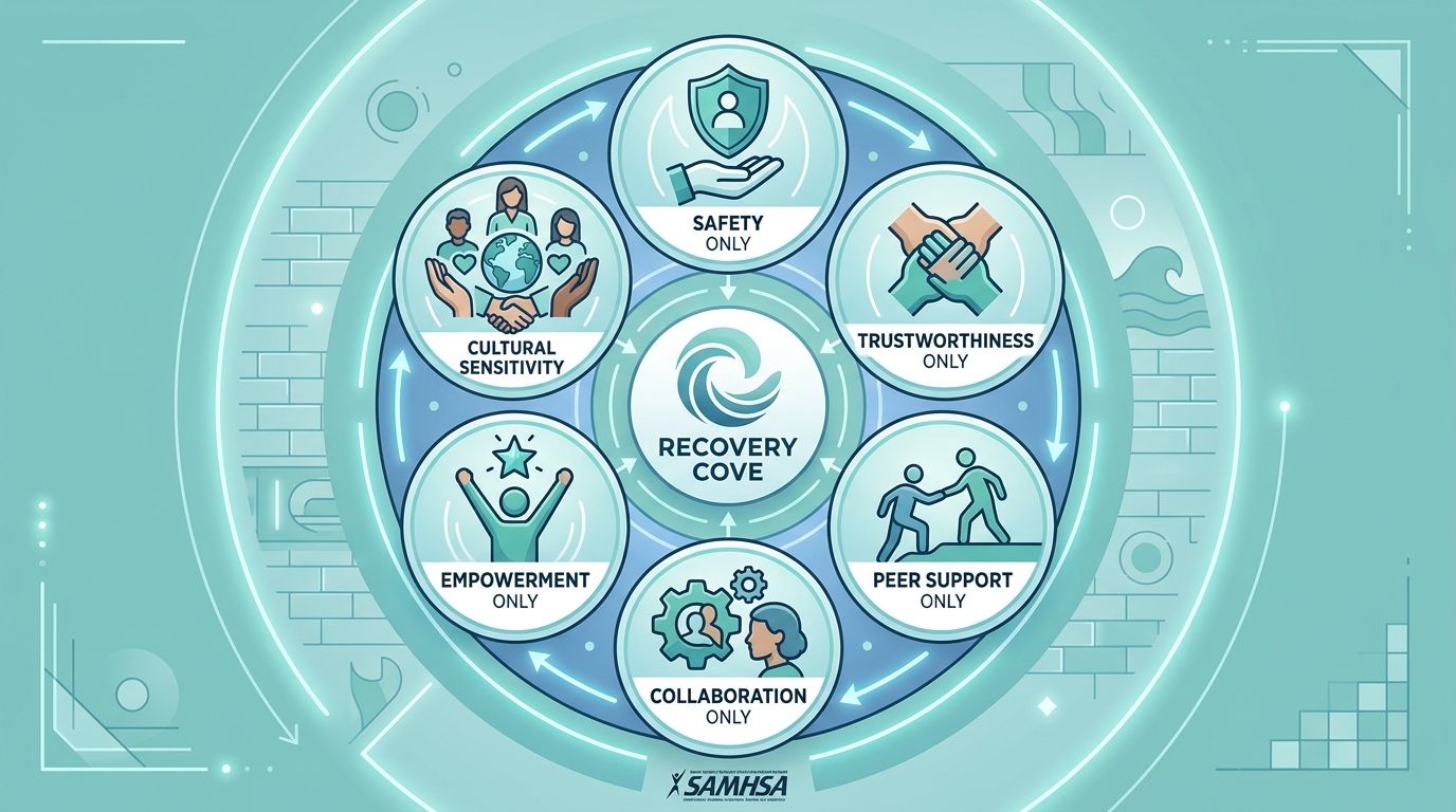Infographic illustrating the six principles of trauma-informed care: Safety, Trustworthiness, Peer Support, Collaboration, Empowerment, and Cultural Sensitivity, with icons and brief labels in calming teal and blue.
