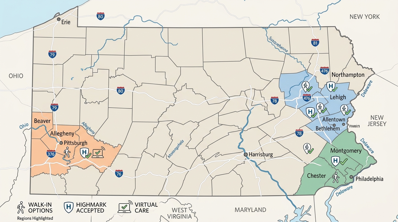 Regional map of Pennsylvania showing Suboxone treatment availability in Lehigh Valley, Philadelphia, and Pittsburgh with walk-in assessments and insurance acceptance