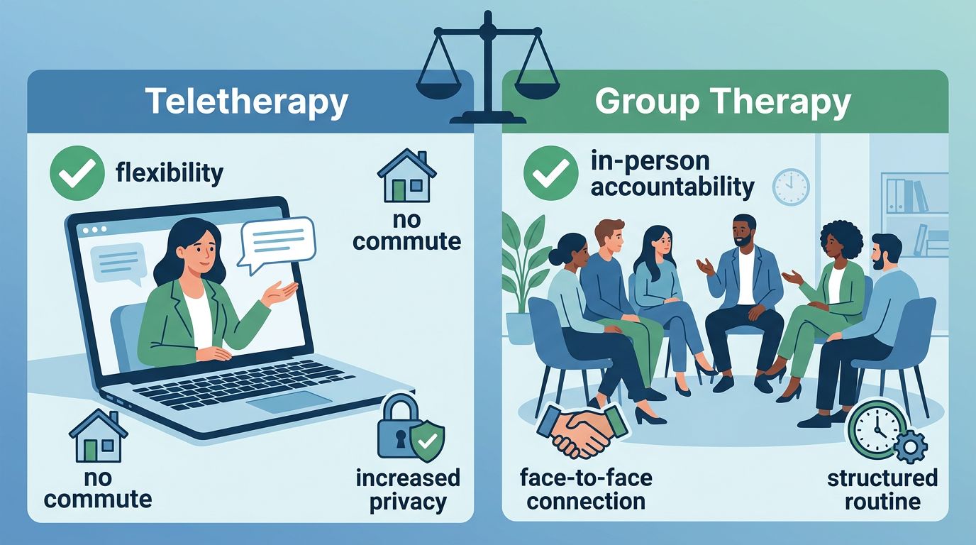 Comparison infographic showing Virtual IOP and In-Person IOP side by side with icons representing flexibility, privacy, accountability, and structured routine on calming blue and green background.