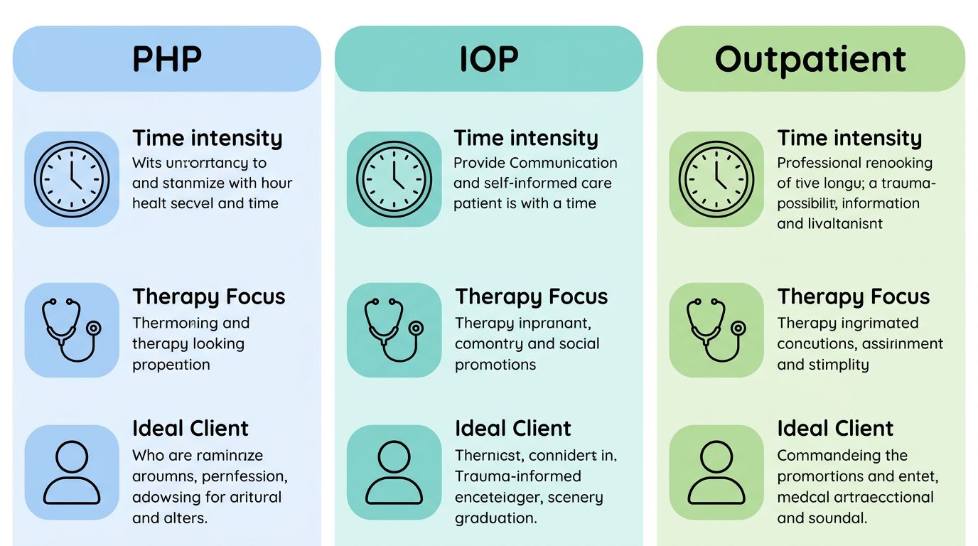 Infographic comparing three trauma-informed outpatient care levels: PHP, IOP, and Outpatient, with icons for time commitment, therapy focus, and ideal client.