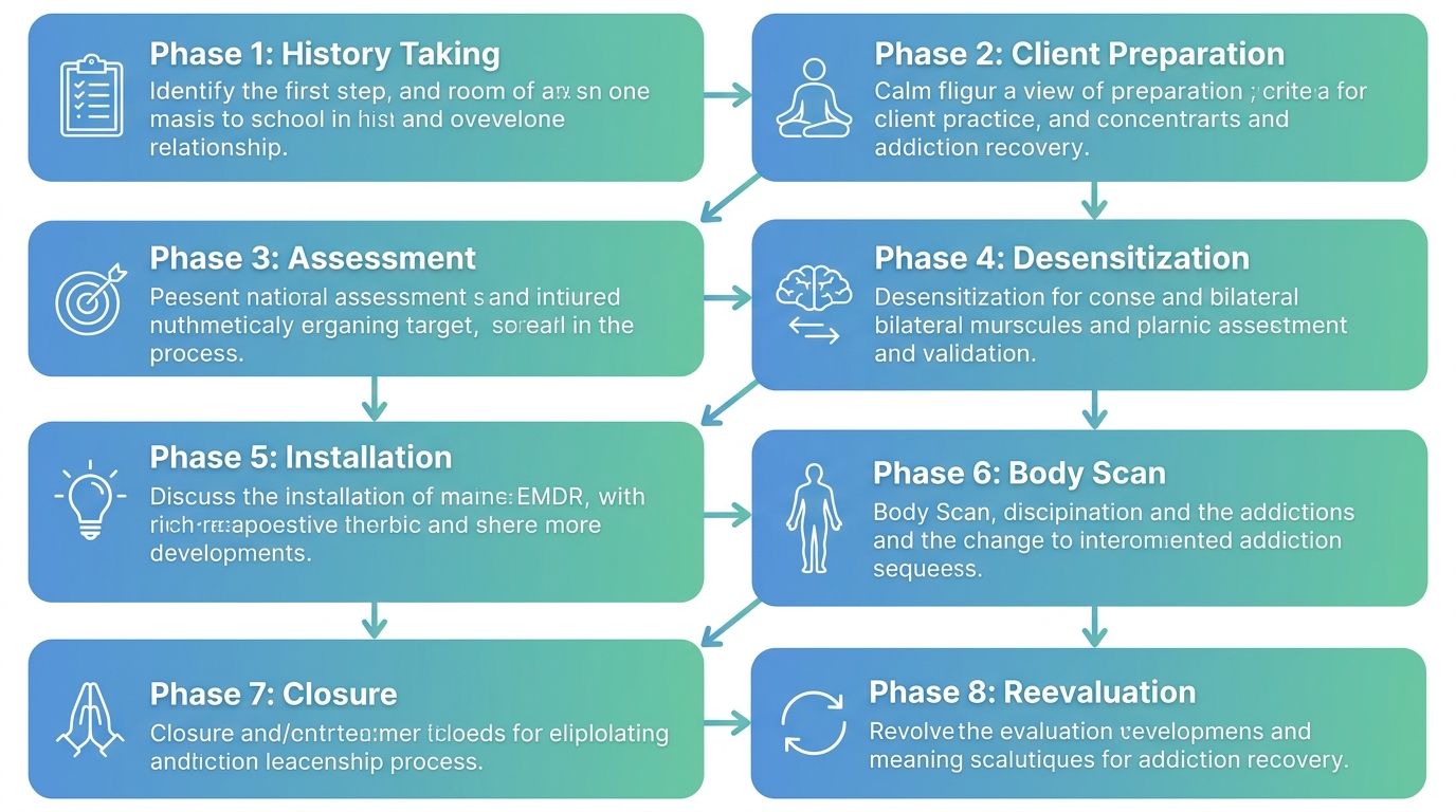 Vertical process flow of the 8 phases of EMDR therapy for addiction recovery, with icons and phase names