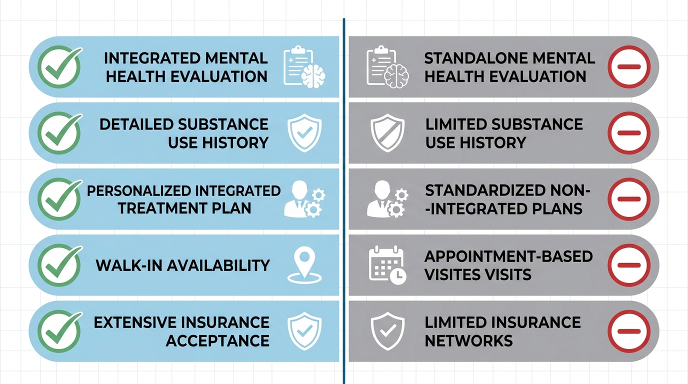 Dual Diagnosis Screening comparison infographic showing Recovery Cove services versus standard drug assessment