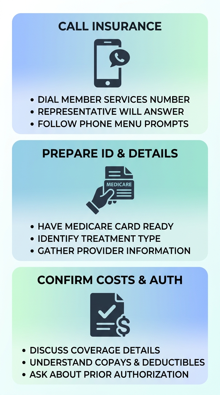 Process flow diagram for verifying 2026 addiction treatment coverage with three steps: call insurance member services, prepare member ID and treatment details, confirm deductibles copays and prior authorization.