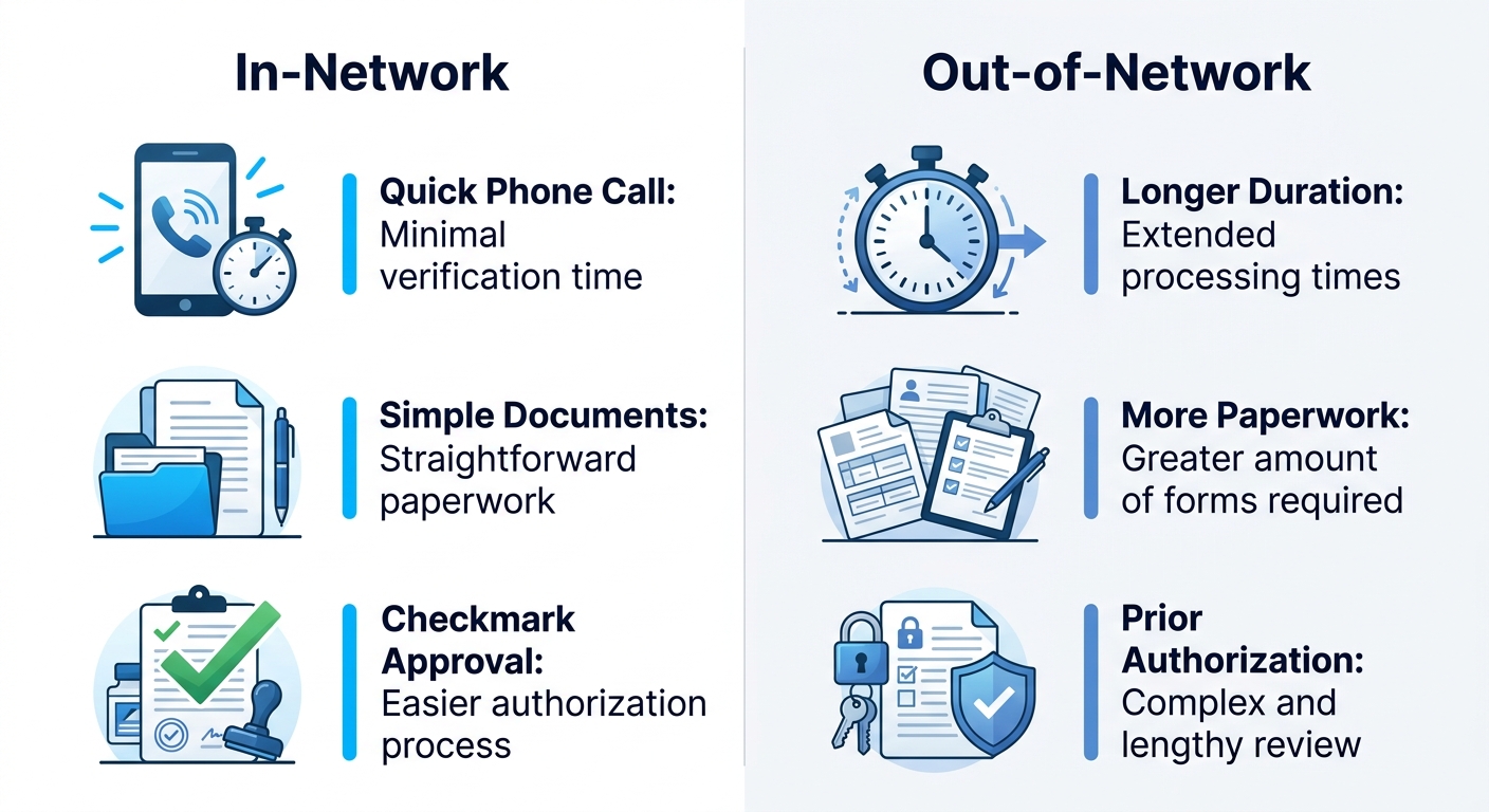 Two-column comparative infographic showing in-network vs out-of-network insurance verification for outpatient alcohol rehab, with icons for quick call, simple documents, and checkmark on left; longer duration, more paperwork, and prior authorization on right