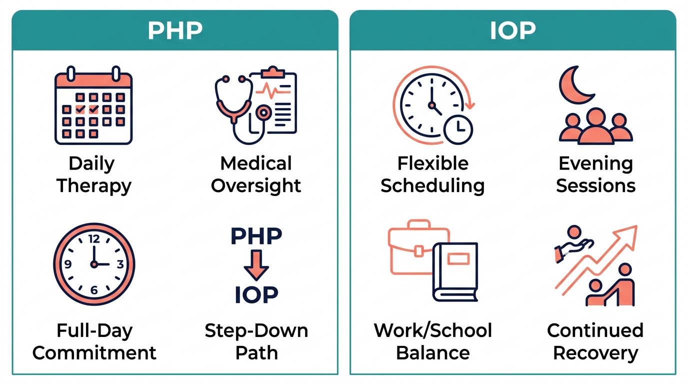 Two-column infographic comparing PHP and IOP at Recovery Cove, with icons for daily therapy, medical oversight, flexible scheduling, and evening sessions.