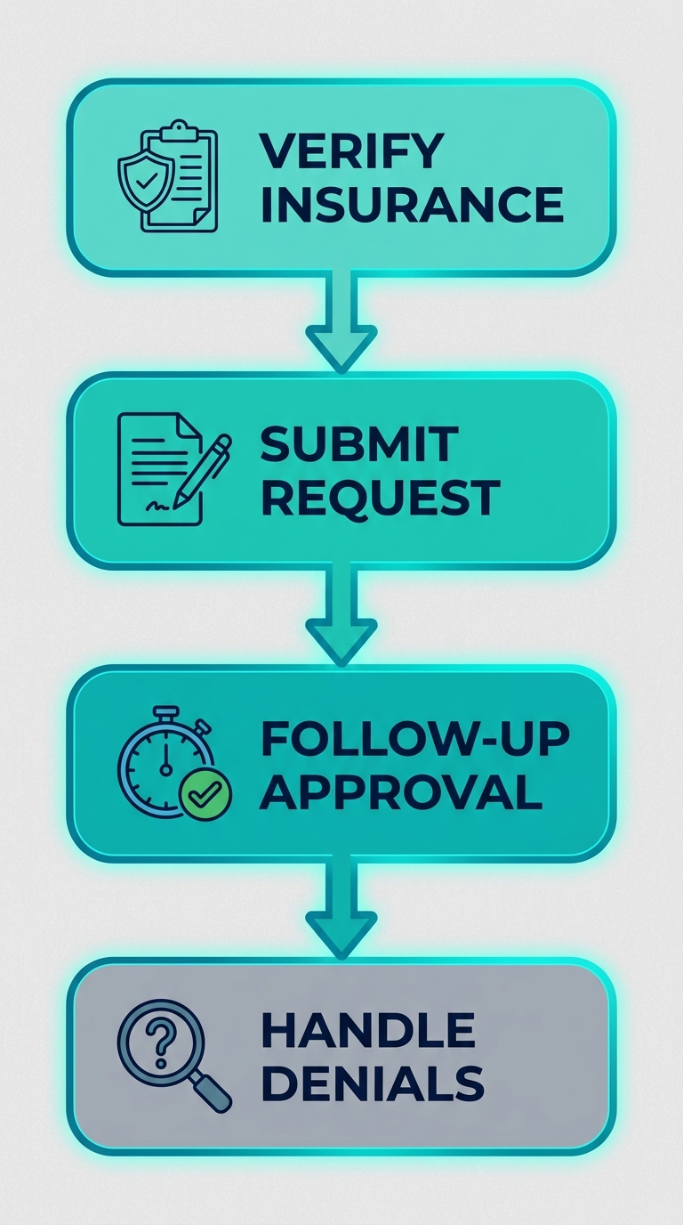 Vertical process flow of prior authorization steps for addiction treatment, from insurance verification to handling denials, with teal icons and labels