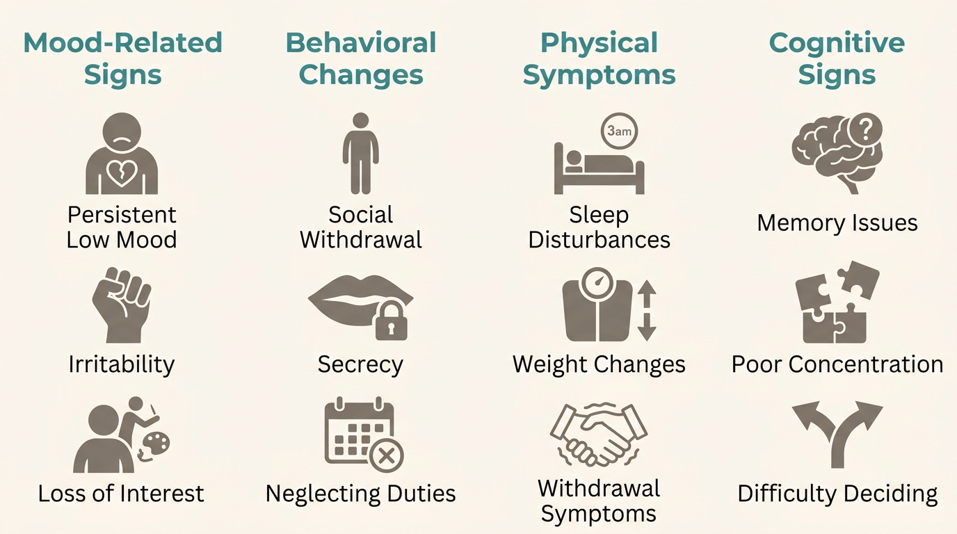 Infographic with four columns: Mood-Related Signs (persistent low mood, irritability, loss of interest), Behavioral Changes (social withdrawal, secrecy, neglecting duties), Physical Symptoms (sleep disturbances, weight changes, withdrawal symptoms), Cognitive Signs (memory issues, poor concentration, difficulty deciding). Calming teal headers, warm gray icons, off-white background.