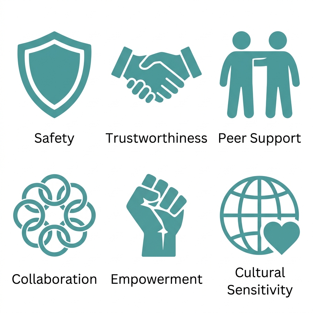 Six icons representing trauma-informed care principles: safety, trustworthiness, peer support, collaboration, empowerment, and cultural sensitivity.