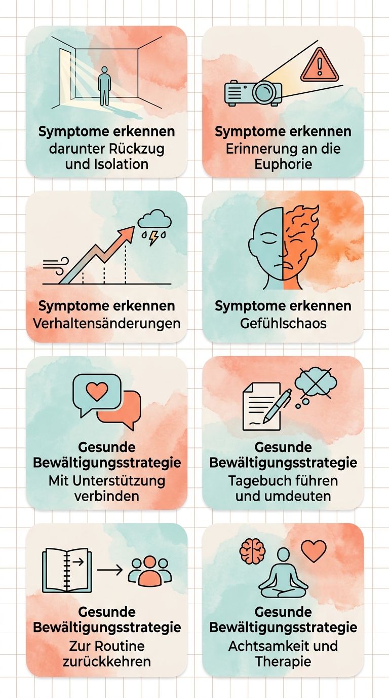 Acht Karten im Hochformat: vier mit der Aufschrift 'Symptome erkennen' auf Hellblaugrün mit Umriss-Icons zu Warnsignalen, vier mit der Aufschrift 'Gesunde Bewältigungsstrategie' auf Hellkoralle mit unterstützenden Icons.