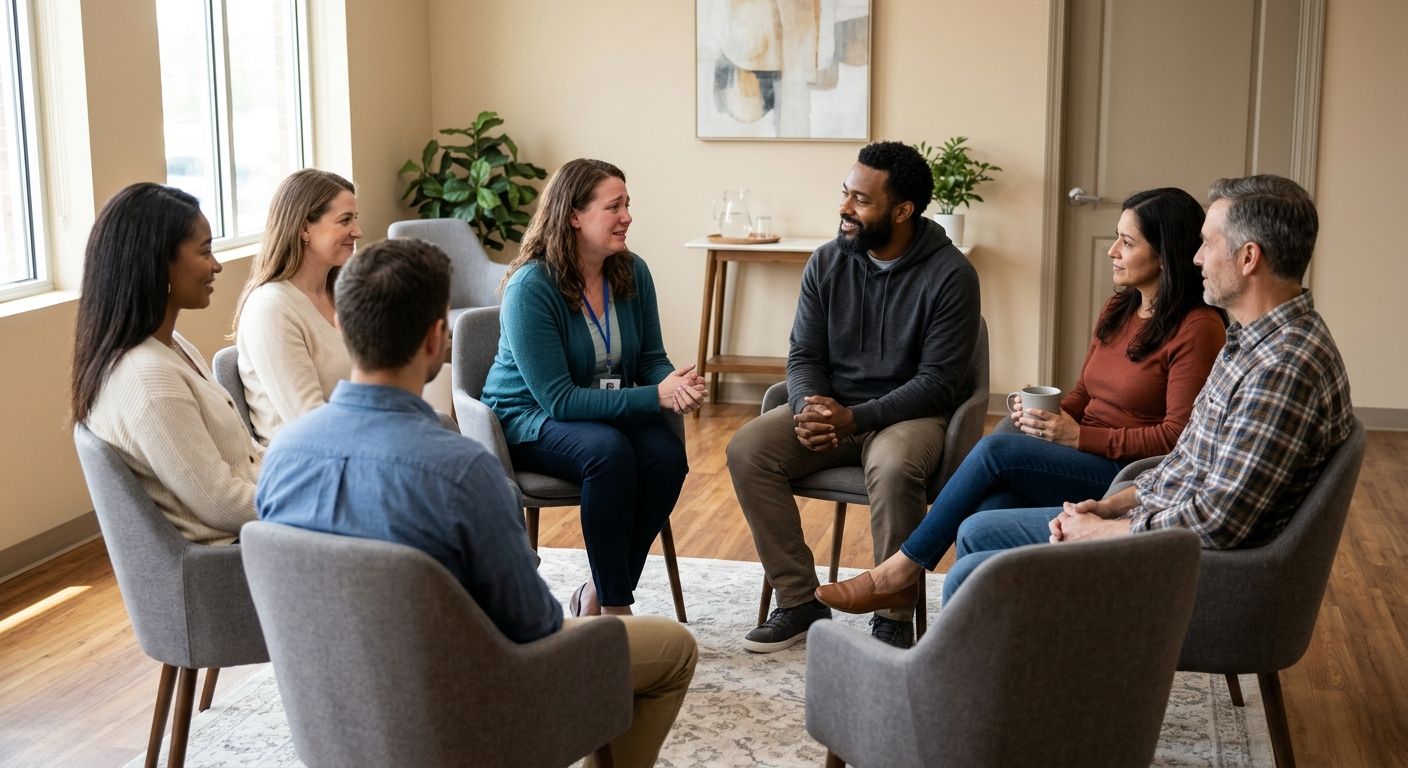 Group therapy session in a bright outpatient center with diverse adults and a therapist seated in a circle