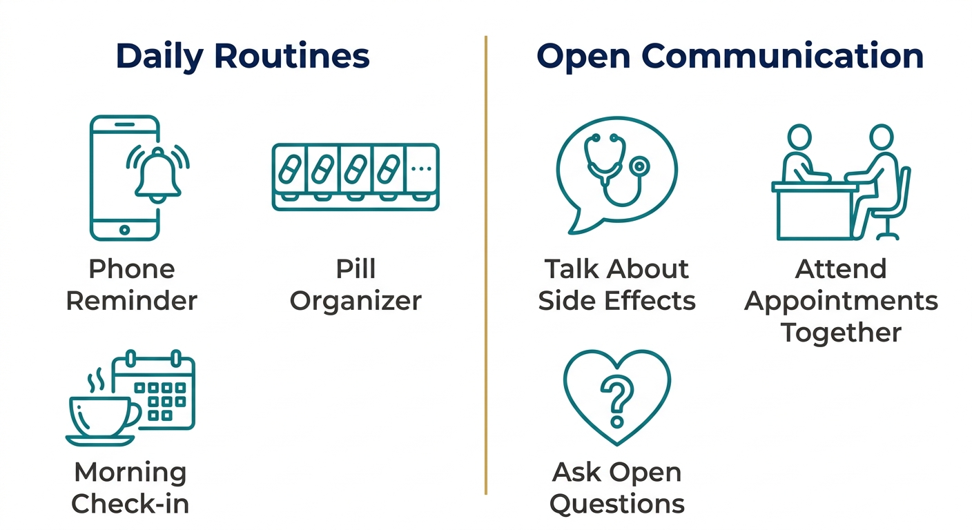 Infographic with two columns, Daily Routines and Open Communication, each showing three teal outlined icons with dark gray labels: smartphone with alarm bell, weekly pill box, coffee cup with calendar, speech bubble with stethoscope, two people at a desk, and question mark inside heart, on a white background separated by a thin gold line.