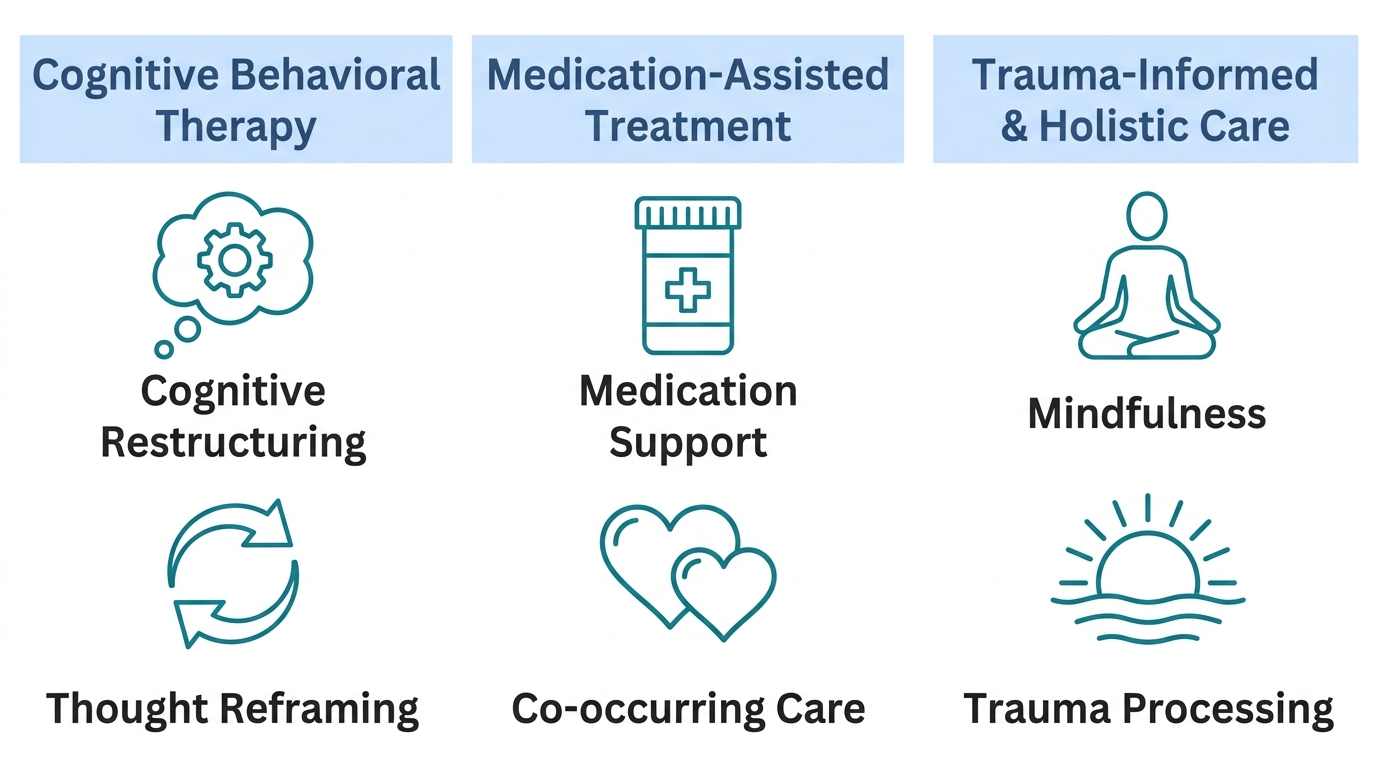 Three-column infographic titled Cognitive Behavioral Therapy, Medication-Assisted Treatment, and Trauma-Informed & Holistic Care, each with two icons and labels
